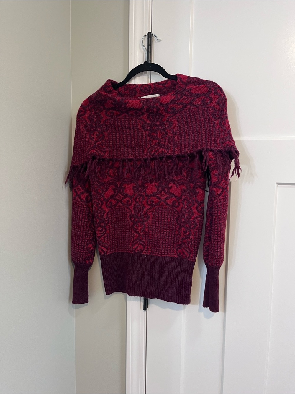 Off-the-Shoulder Burgundy Patterned Fringe Sweater